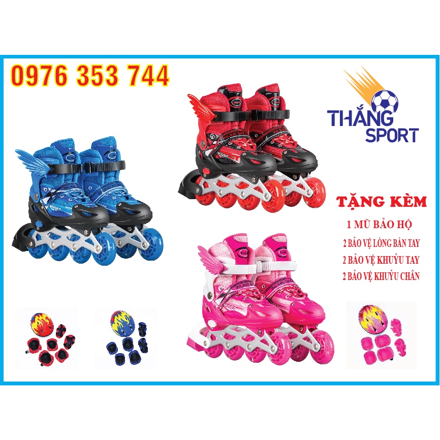 Giày patin trẻ em, người lớn bánh có đèn flash sports,( tặng kèm Mũ Bảo hiểm và 6 món bảo hộ gối,khuỷu tay,bàn tay)