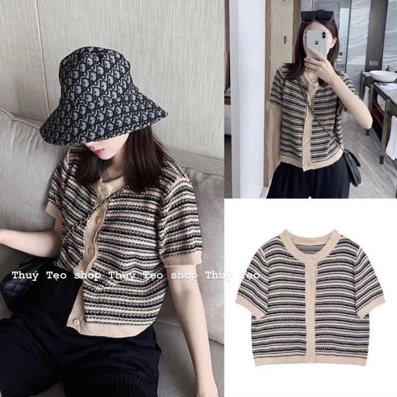 [Hàng sẵn/Video] Áo len croptop kẻ đen cộc tay cúc dọc | BigBuy360 - bigbuy360.vn