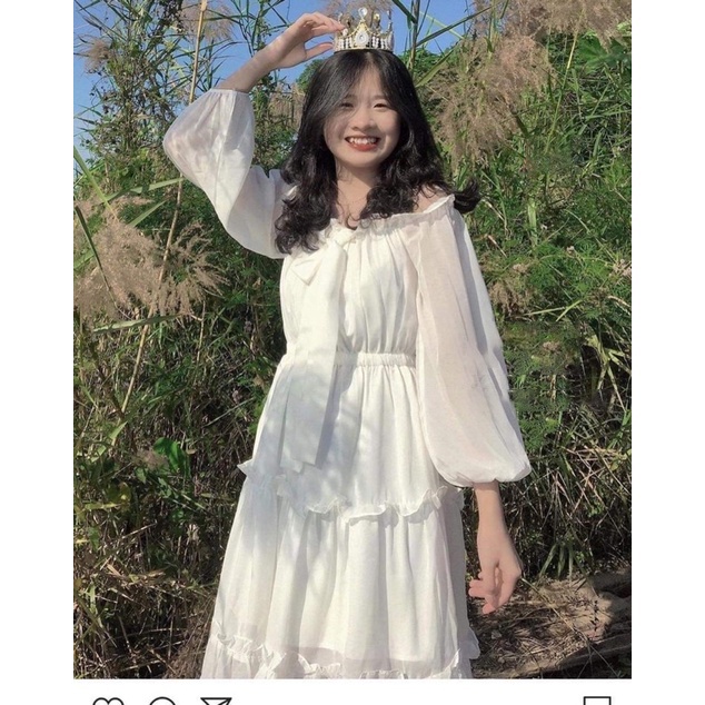 Váy trễ vai tiểu thư trắng 3 tầng nơ cổ nữ siêu dễ thương dự tiệc chất vải mềm mịn_VENUS | BigBuy360 - bigbuy360.vn