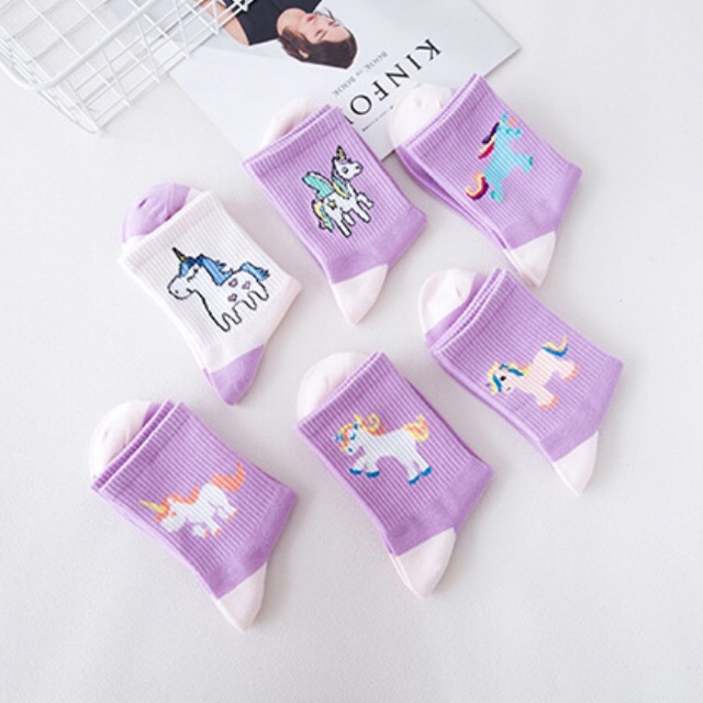 Tất Vớ Cao Cổ Nam Nữ Purple Unicorn Hình Kỳ Lần Tông Màu Tím Hồng Dễ Thương Chất Liệu Cotton Co Giãn 4 Chiều Mơ House
