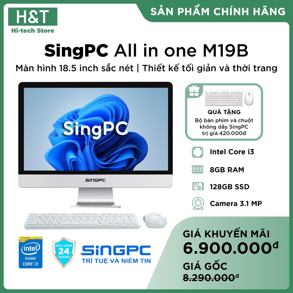 Máy tính All In One SingPC M19B380 (i3-2.4GHz/8GB RAM/SSD128GB/18.5 inch/Wifi/Bluetooth/Loa/Camera/Key-Mouse/Bạc)