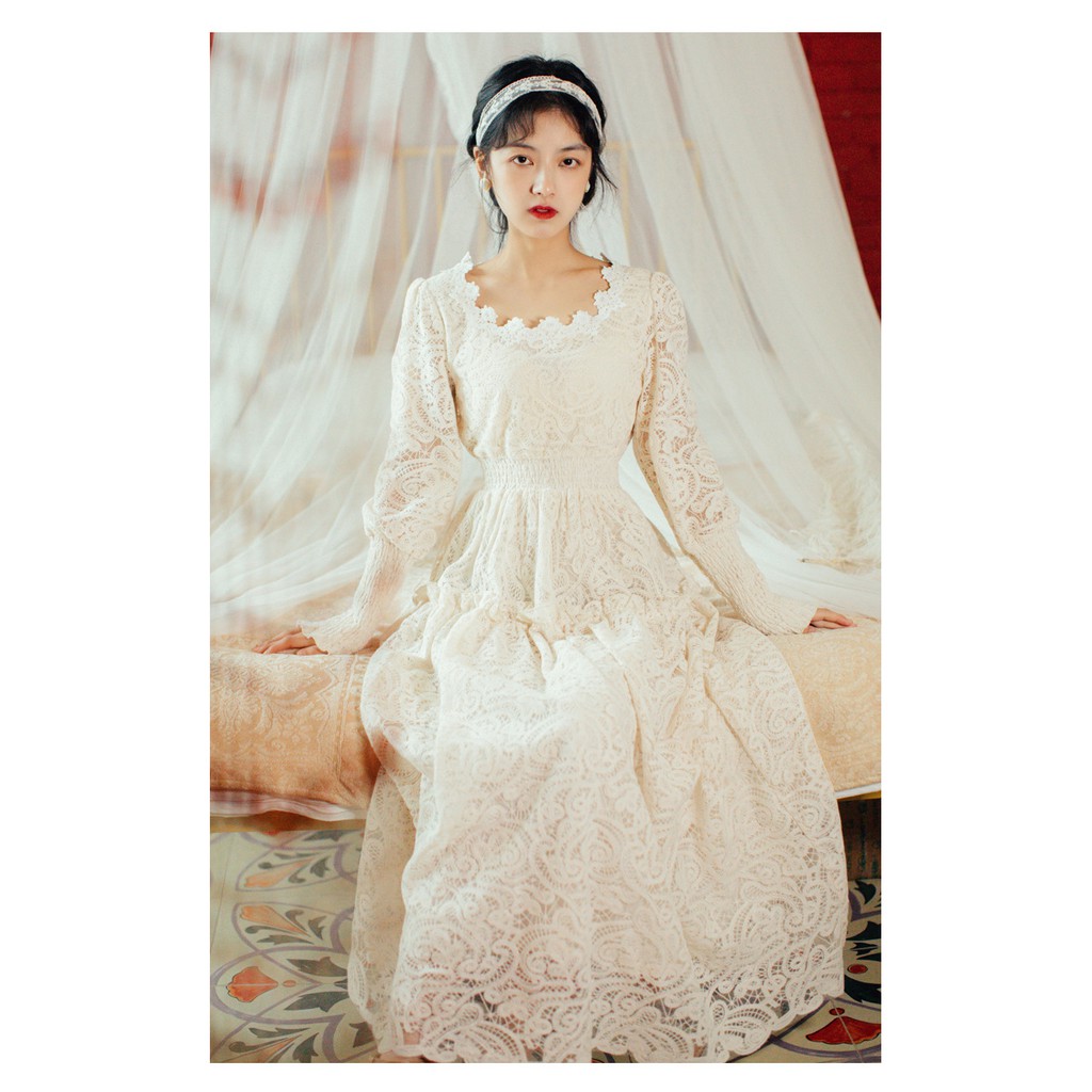 [Order] Đầm ren trắng tay dài DON103 váy nữ thời trang PINK XINH thích hợp váy cưới xứ lạnh mùa đông