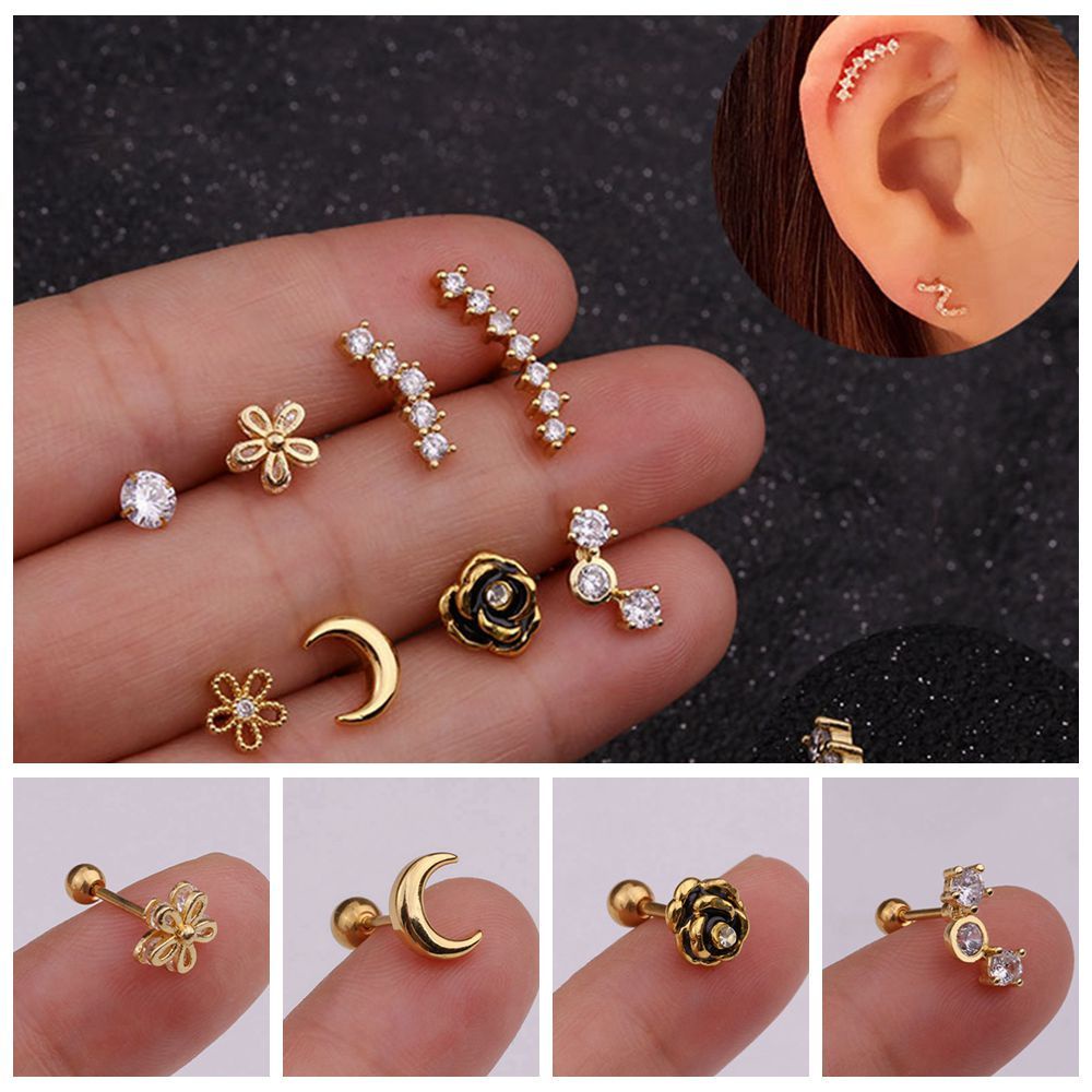 Hoa tai dạng xỏ bằng thép không gỉ đính đá zircon nhiều màu sành điệu