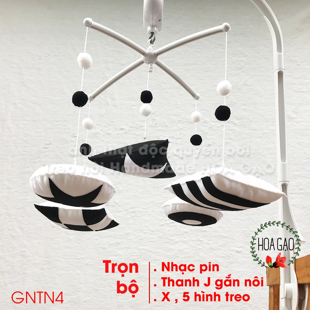 Đồ chơi bé sơ sinh, treo nôi kích thích thị giác HOA GẠO GNT4 đen trắng, vải nỉ an toàn cho trẻ sơ sinh