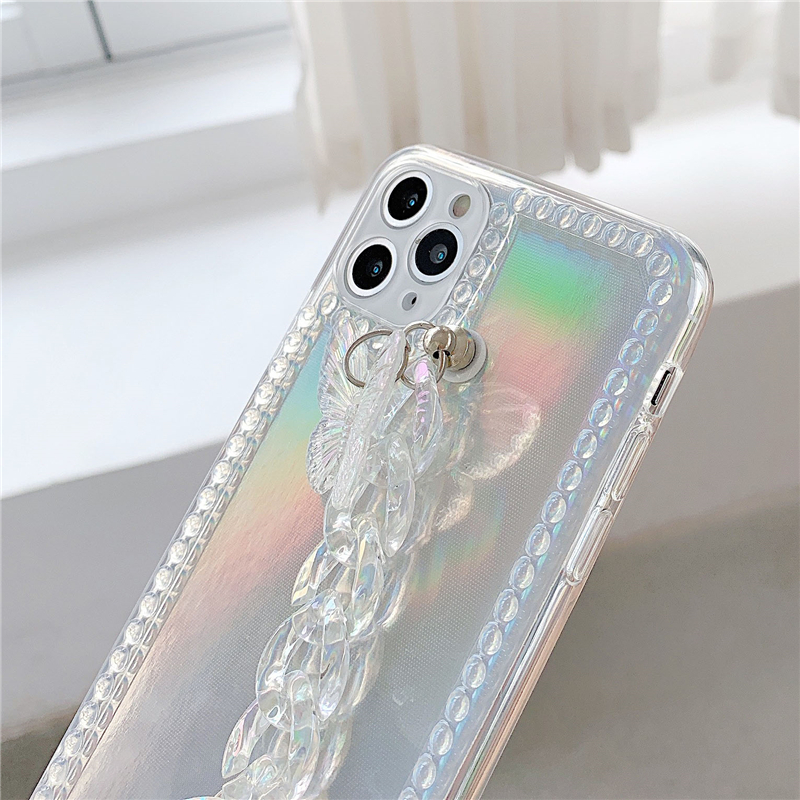 Ốp điện thoại mềm màu laser phối bươm bướm có dây đeo cho iPhone SE2 11 Pro MAX XS XR 7 8 Plus