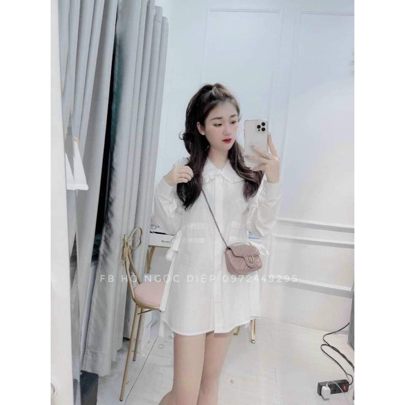[Mã WAMT10K giảm 10k cho đơn 0k] Áo sơmi dáng dài, áo cổ thuyền viền bèo thắt nơ 2 bên(kèm video ảnh thật) 100k | BigBuy360 - bigbuy360.vn