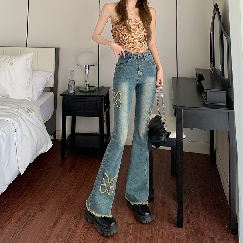 Quần Jean Lưng Cao Co Dãn Với Họa Tiết Thêu Hình Con Bướm Theo Phong Cách Retro Hợp Thời Trang