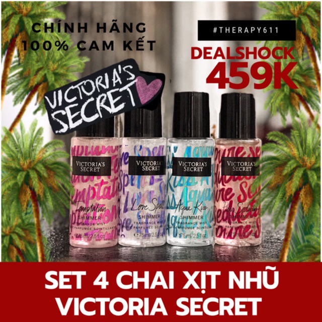 ✪ Set 4 Chai Xịt Body Victoria’s Secret Nhũ Kim Tuyến 10ml ✪