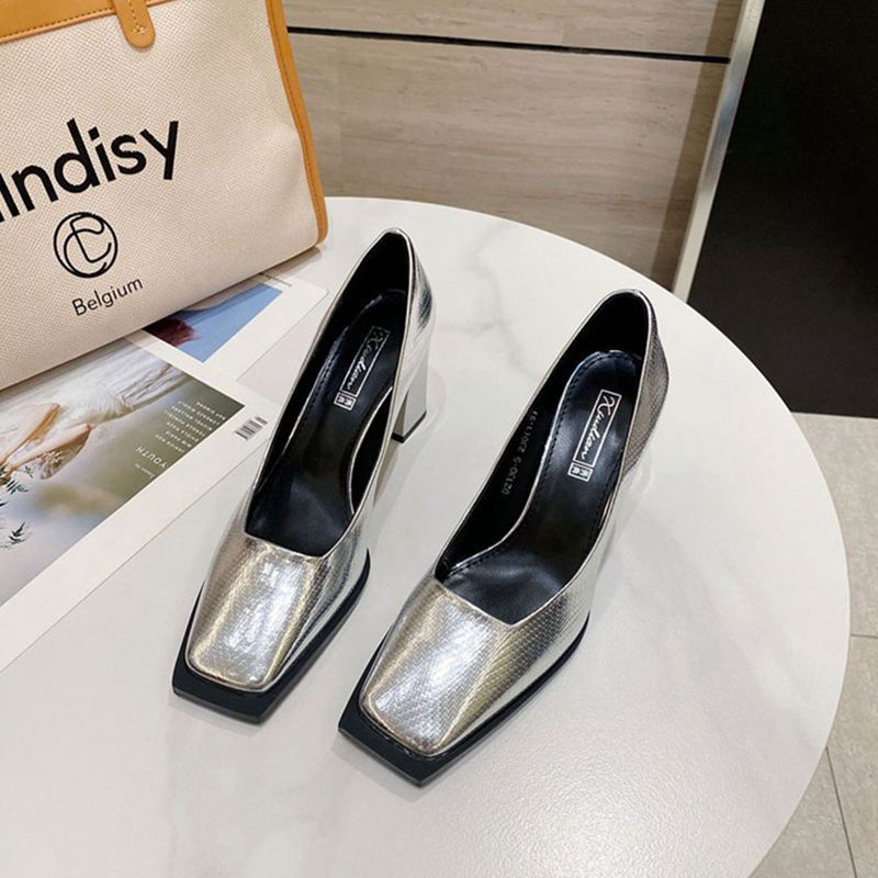 Giày Cao Gót Mũi Vuông Màu Bạc Thiết Kế Mới Thời Trang Dành Cho Mùa Thu 2022