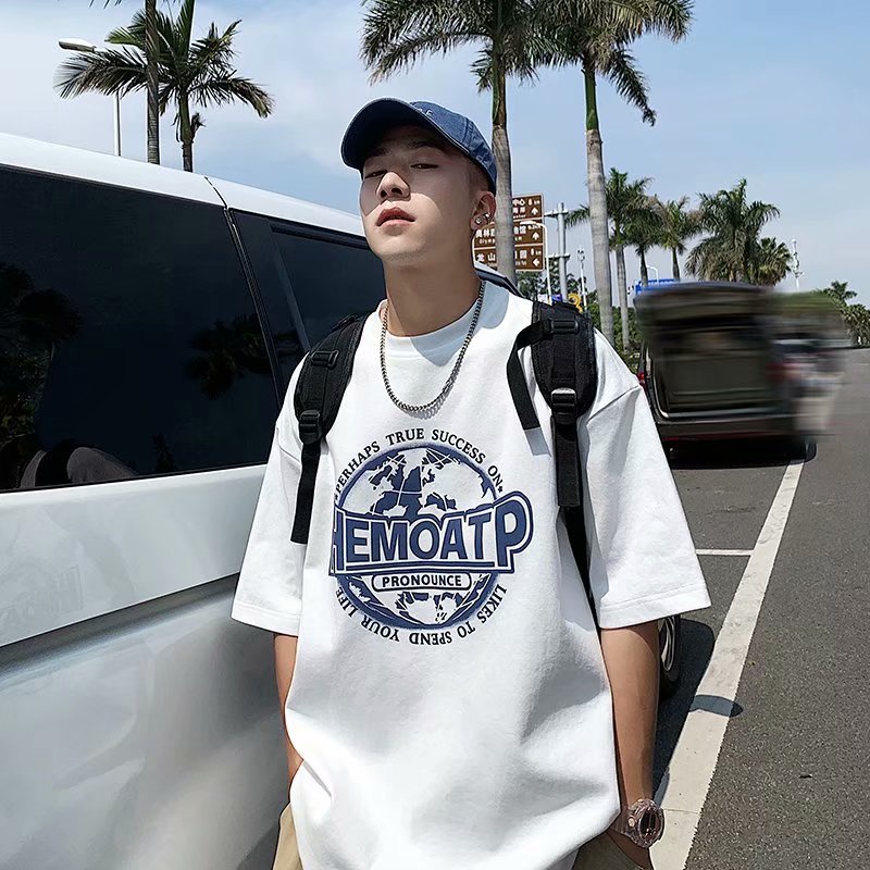 Áo thun tay ngắn dáng rộng in chữ phong cách Hàn Quốc thời trang cho nam size M-5XL