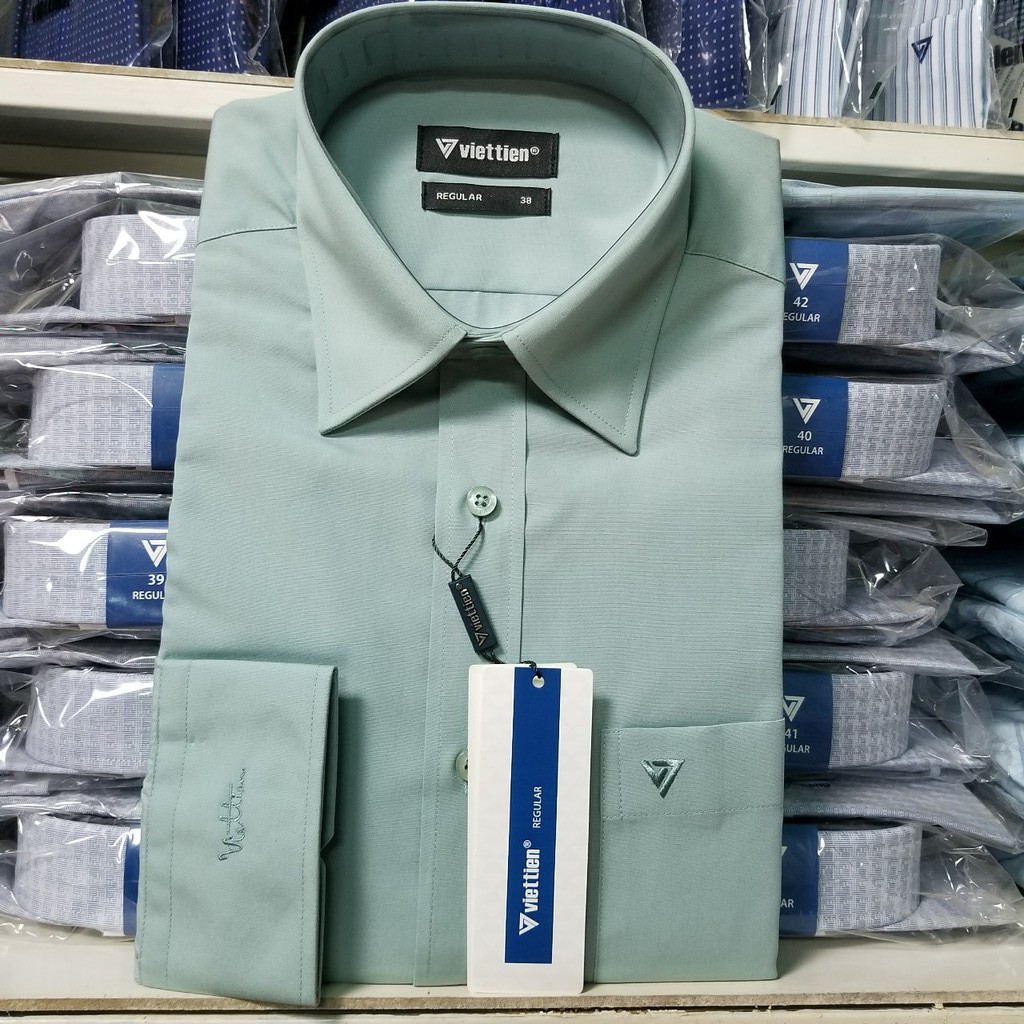 Aó sơ mi nam dài tay Việt Tiến màu xanh VỎ ĐẬU , chính hãng , cao cấp – form suông  REGULAR- tà bầu
