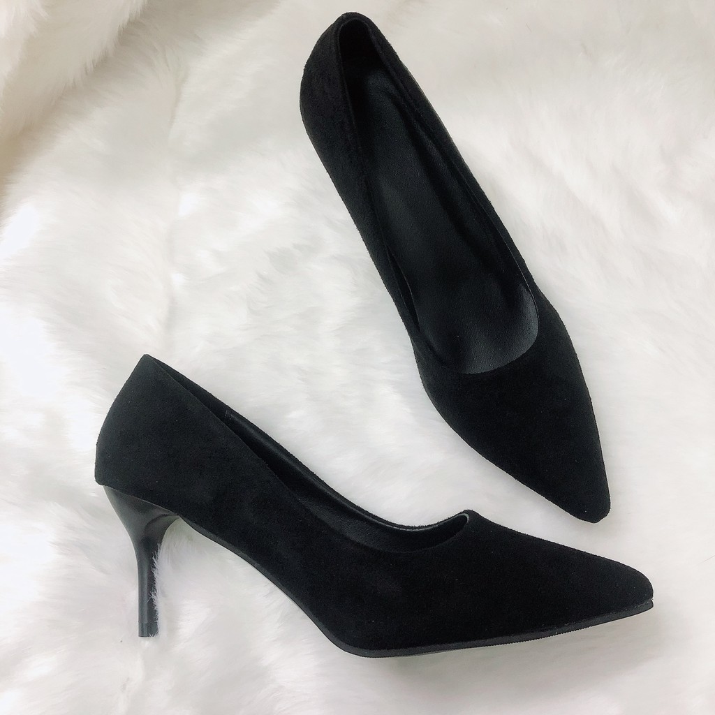 Giày Cao Gót Mũi nhọn, Giầy Da Lộn Gót 7p-9p màu đen dễ phối đồ, đi lên chắc chân