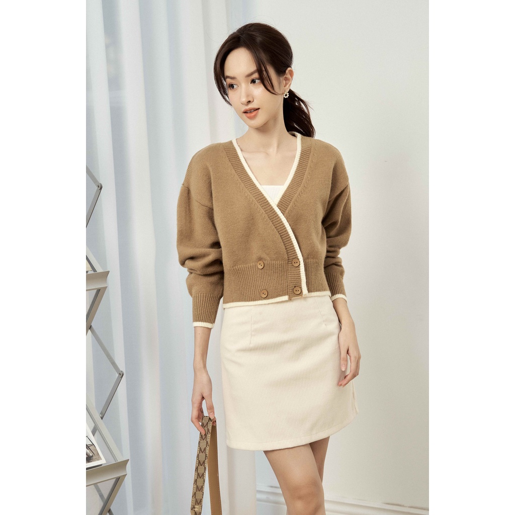 Cardigan cổ V chéo 2 khuy cài phối viền TIINSTORE G21133