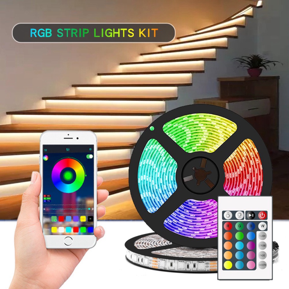 Bộ đèn led 5 mét RGB 16 triệu màu điều khiển bằng điện thoại, nháy theo nhạc, combo dây led đổi màu, bộ khiển và nguồn