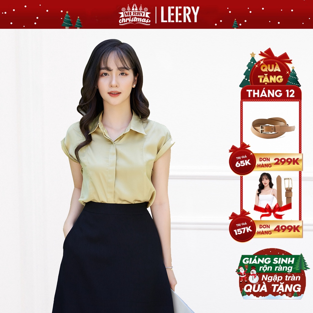 Áo sơ mi nữ ngắn tay form rộng mặc đi làm công sở, áo sơ mi nữ chất lụa cao cấp màu Tím Đen Oliu LEERY SM-09