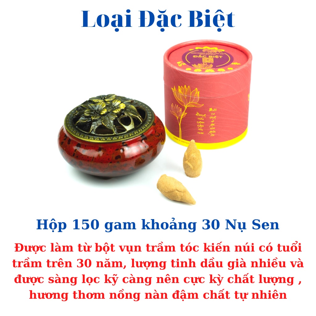 Combo Nhang Nụ Trầm Hương Khói Ngược Sạch Tự Nhiên Không Hoá Chất + Lư Sứ Xông Trầm Xưởng Mộc Việt - Hộp 150G 30 Nụ Sen