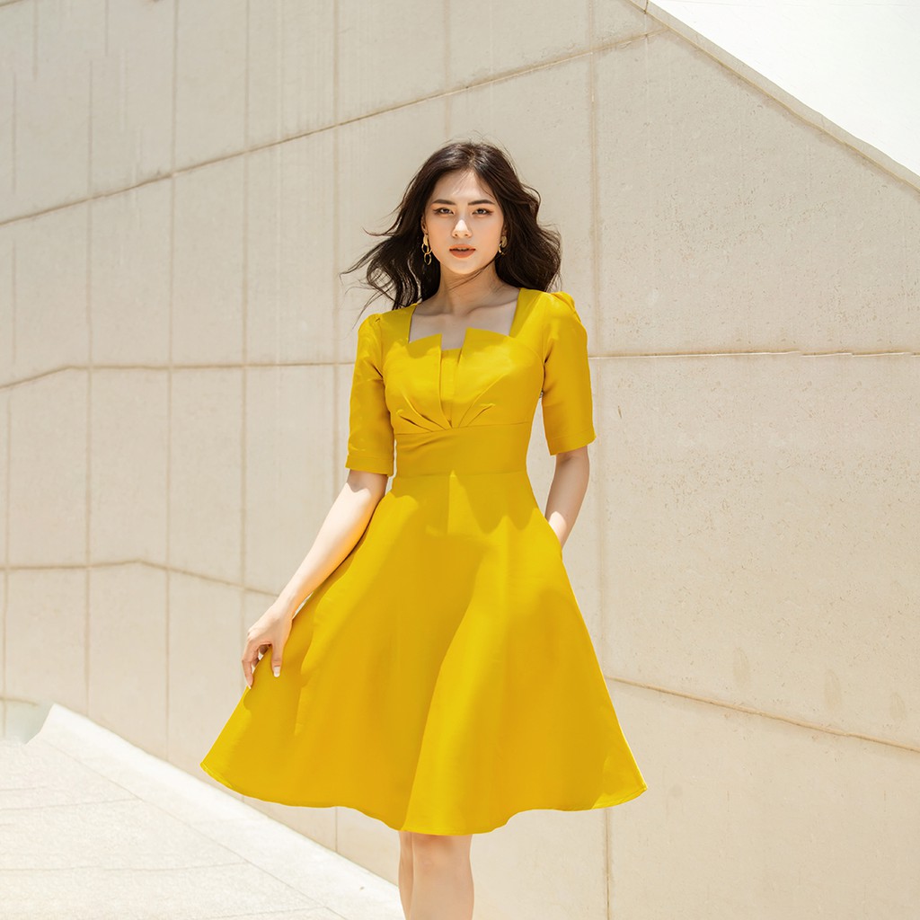Đầm xòe dự tiệc 2 lớp thời trang Eden tay lỡ cổ vuông cách điệu chất liệu Taffta dày dặn đúng form - D440