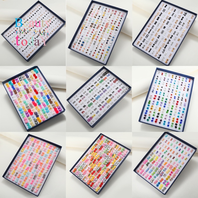 Set 100 Khuyên Tai Hợp Kim Hình Trái Cây / Hoa / Hình Học Đơn Giản Cho Nữ