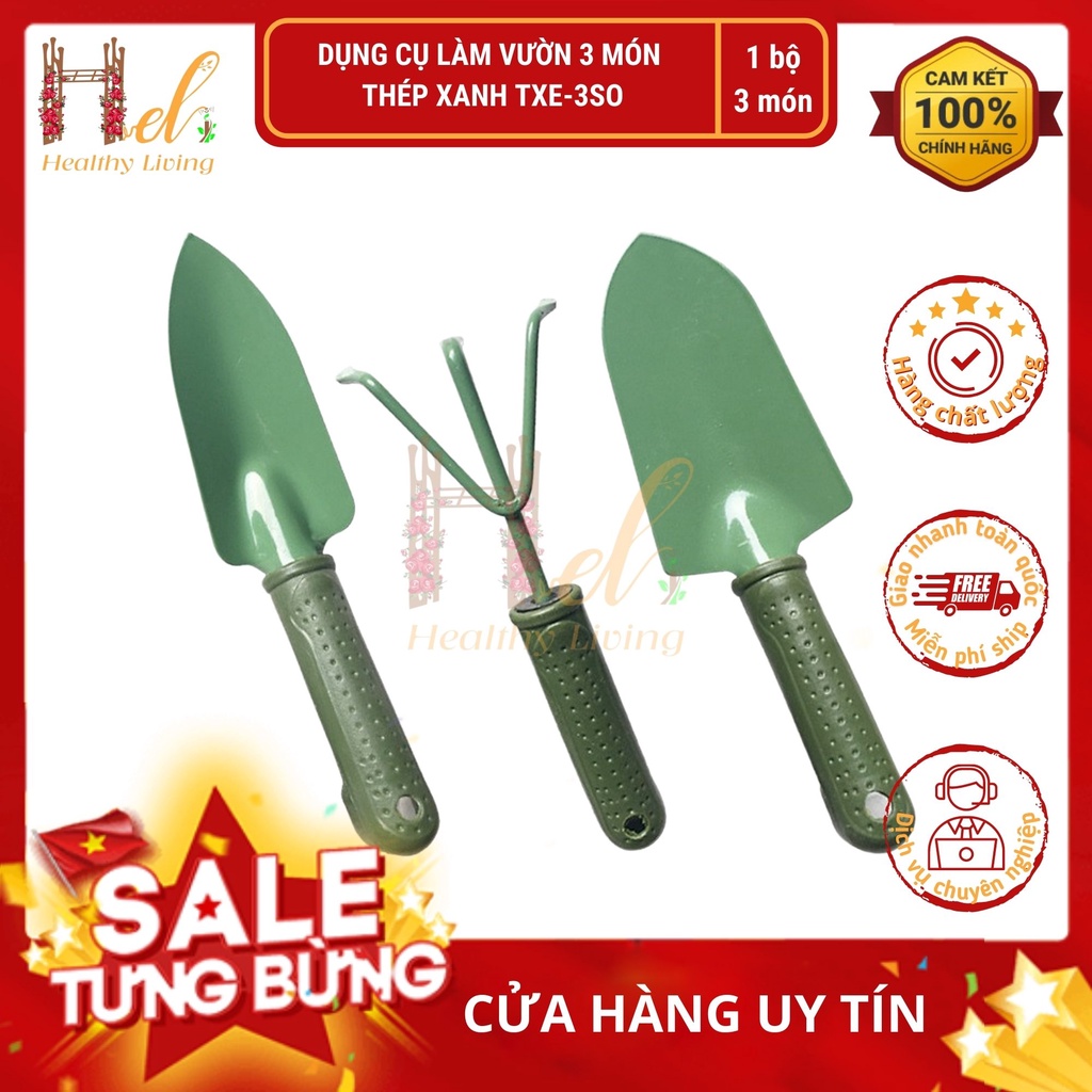 Bộ Dụng Cụ Làm Vườn 3 Món (Thép Xanh) Dùng Cào Đất, Xúc Đất Trồng Hoa, Trồng Rau Sạch, Cây Cảnh