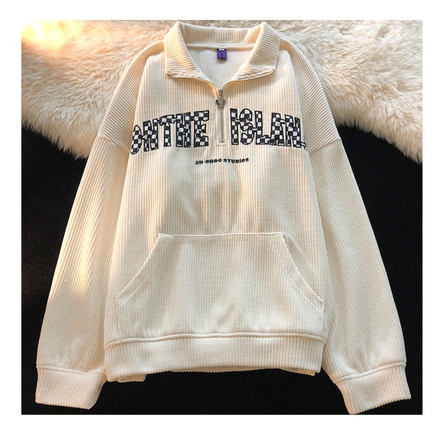 Áo Sweater Nhung Kẻ Dáng Rộng In Chữ Thời Trang Mùa Thu Dành Cho Nữ