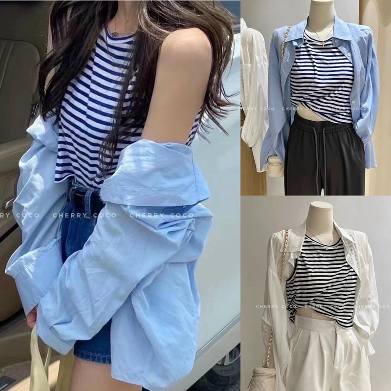 Set sơmi trơn kèm áo ba lỗ kẻ sọc phong cách Hàn Quốc, sơ mi nữ