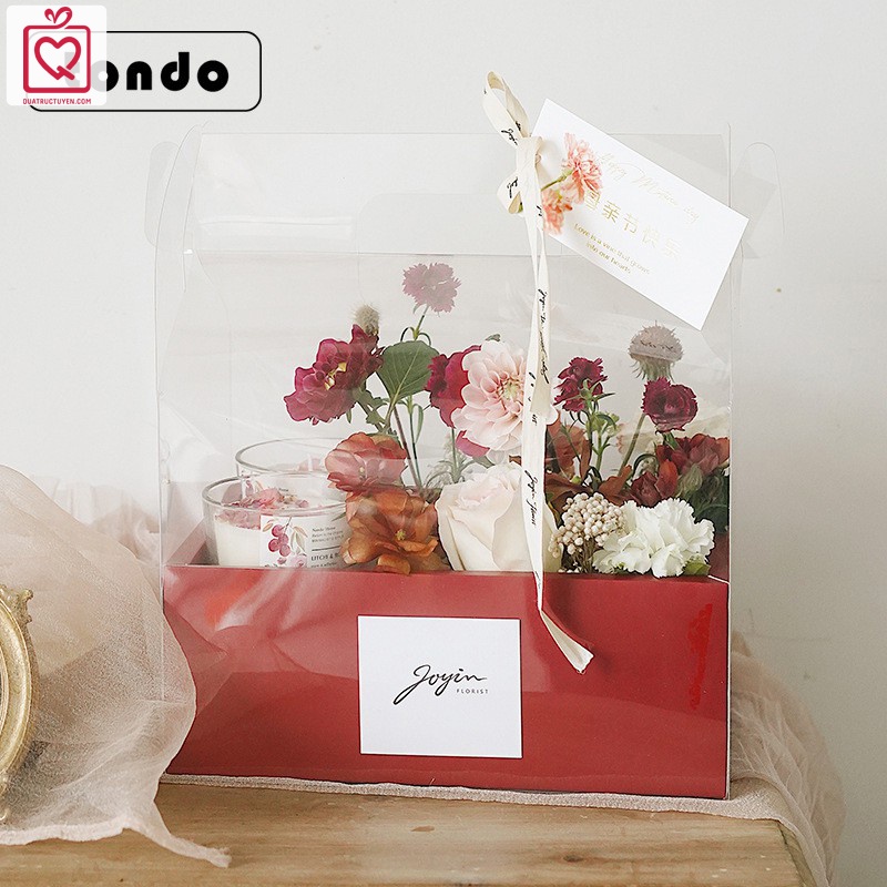 Túi hộp giấy 2 ngăn mica trong suốt, giỏ đựng quà tặng, hoa, hoa quả kèm nơ ruy băng