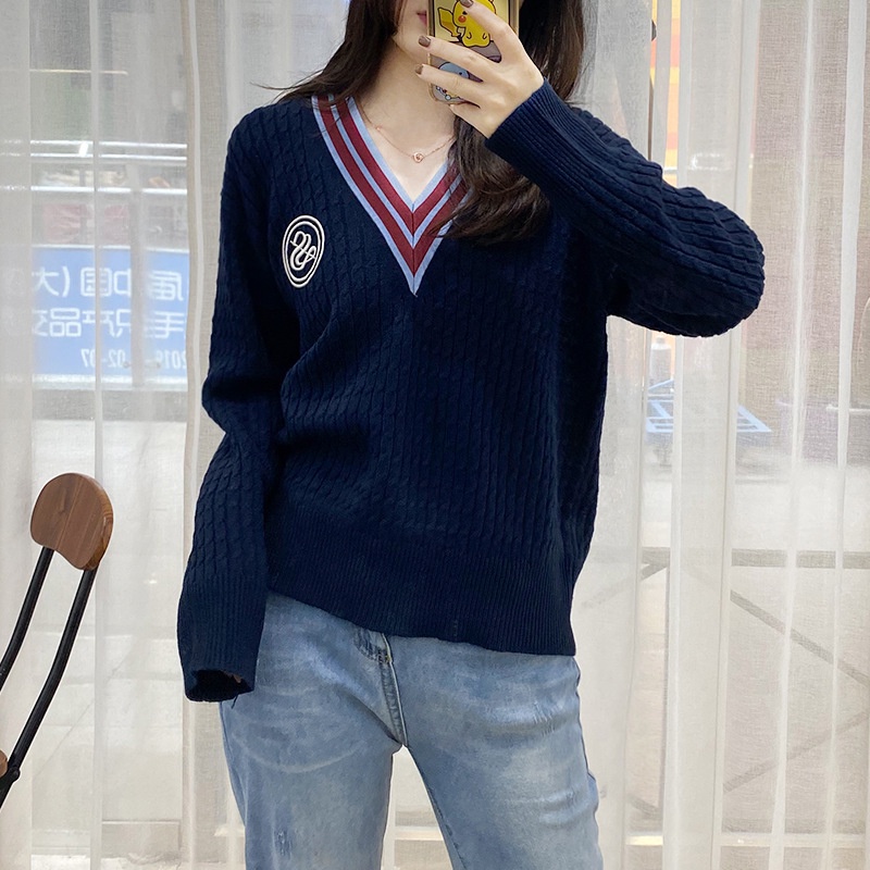 WMFT Sandro 2022 autumn and winter college style striped side V-neck logo wool sweater women's sweet pullover loose sweater