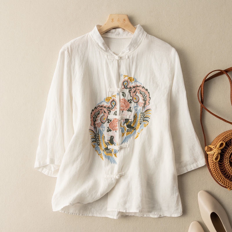 Áo Sơ Mi Cotton Lanh Cổ Đứng Cài Ba Nút Cổ Đứng Thêu Họa Tiết Phong Cách Cổ Điển Cho Nữ 2022