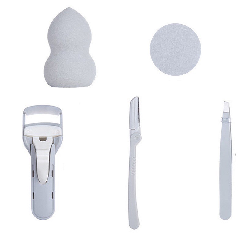 Set dụng cụ trang điểm 5in1 kẹp mi - dao cạo mày - nhíp - mút tán nền - bông phủ phấn Lameila