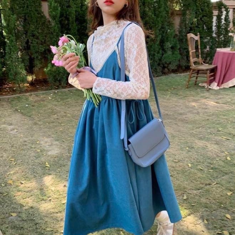 Đầm hai dây kiểu maxi nữ babydoll phồng trơn xanh kèm áo ren mặc trong tay dài trắng - Order taobao quảng châu
