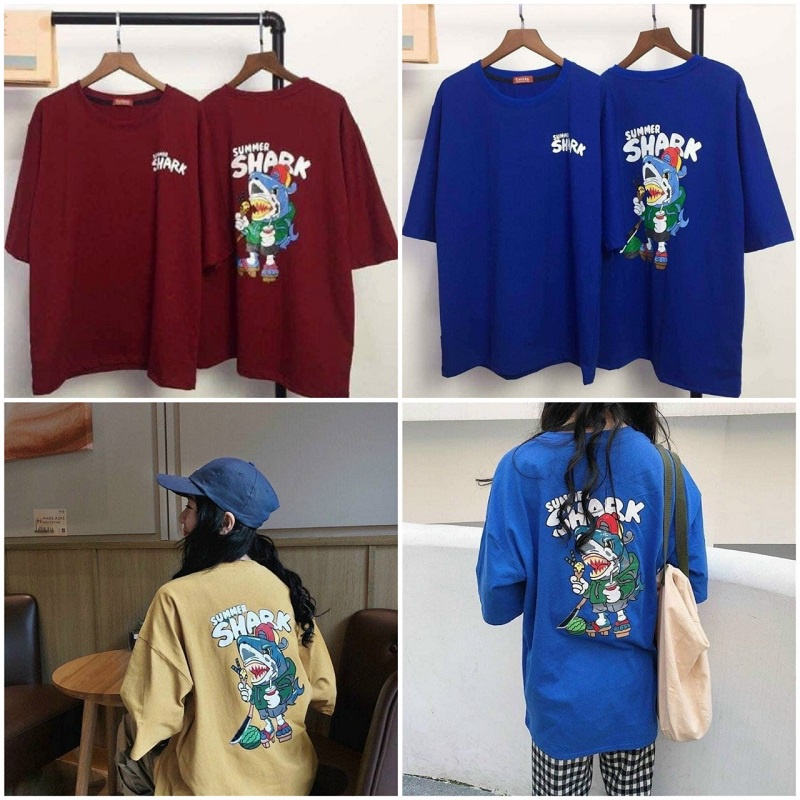 Áo Phông Thun Tay Lỡ In Shark Cặp Đôi Nam Nữ💖HOT RẺ ĐẸP💖 Teen Unisex Kiểu Rộng Dài Giấu Quần Couple T-shirti