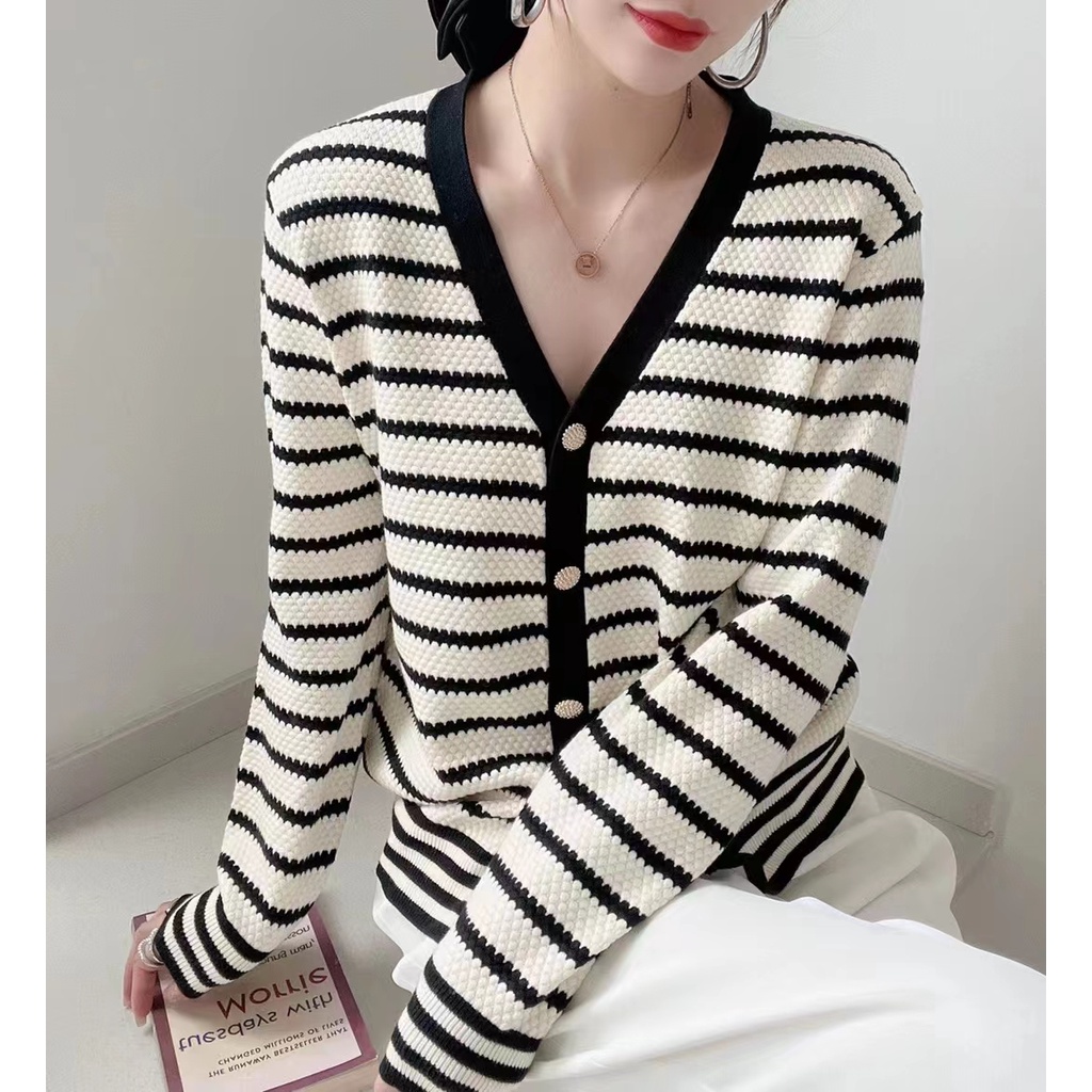 Áo cardigan dệt kim ZHELIHANGFEI tay dài dáng ôm kẻ sọc trẻ trung thời trang