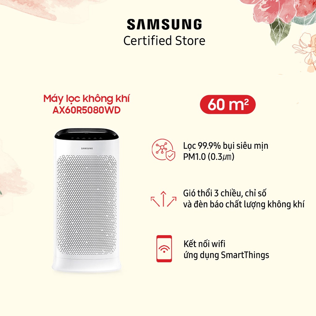 Máy lọc không khí Samsung 60m2 AX60R5080WD | Màng lọc 3 lớp khử mùi | Màng lọc 1năm | Chỉ báo theo màu | Hàng chính hãng