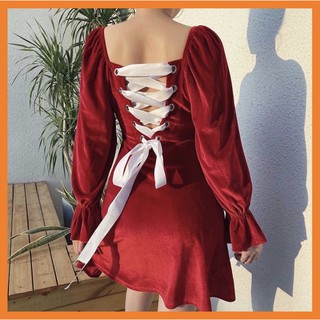 ♥️đầm,váy nhung đỏ cổ vuông đan nơ lưngsize m,l