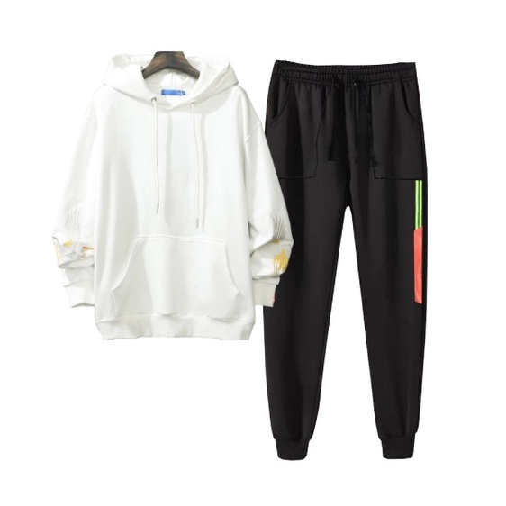 Set Bộ 2 Món Quần Dài + Áo Hoodie Nón Nam Nữ Unisex Chất Vải Nỉ CB2_WAH066NO_MQU075NODEF7 (Cò Trắng + 2 Sọc Túi Vuông)