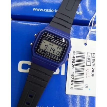 Đồng Hồ Nam Casio F-91WM-2ADF Dây Nhựa Đen - Viền Mặt Màu Xanh - Chống nước - Tuổi T