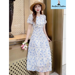 Đầm tơ hoa nhí xanh thiết kế ôm eo nhẹ nhàng hai lớp mềm mịn