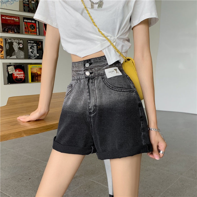 Quần Short Jeans Lưng Cao Ống Rộng Màu Gradient Thời Trang Cho Nữ