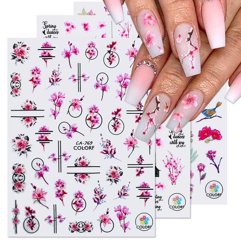 Nhãn Dán Móng Tay Tự Dính Họa Tiết Hoa Lá Mùa Xuân Hè 3D