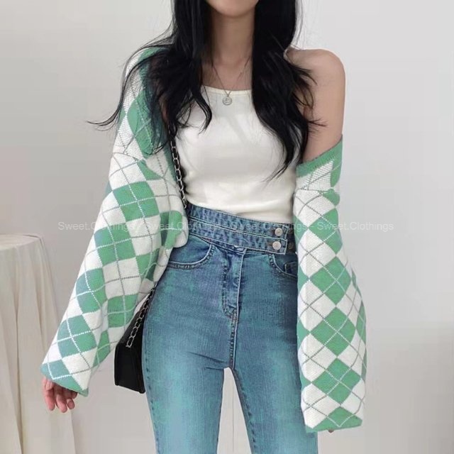 Áo khoác Cardigan dáng CROPTOP họa tiết caro kẻ chất len mịn hàng Quảng Châu 3 màu SWEET.CLOTHINGS