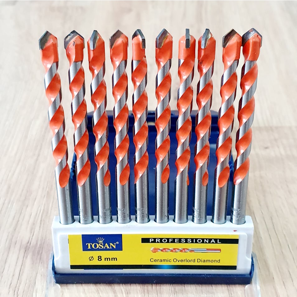 Hộp Dụng Cụ 10 Mũi Khoan Bê Tông Cùng Size 8mm Đuôi Trơn Sơn Xoắn Màu Cam