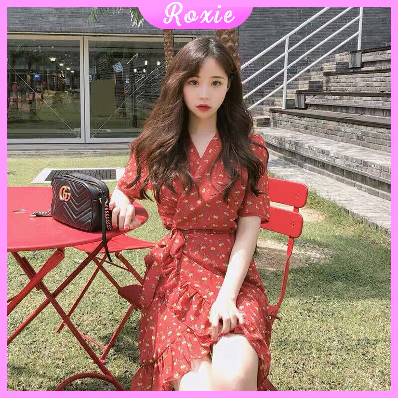 [Mã FAMAYWA giảm 10K đơn 50K] Váy tiểu thư vintage hoa nhí dáng xòe đuôi cá cổ v phong cách ulzzang V16 - Roxie