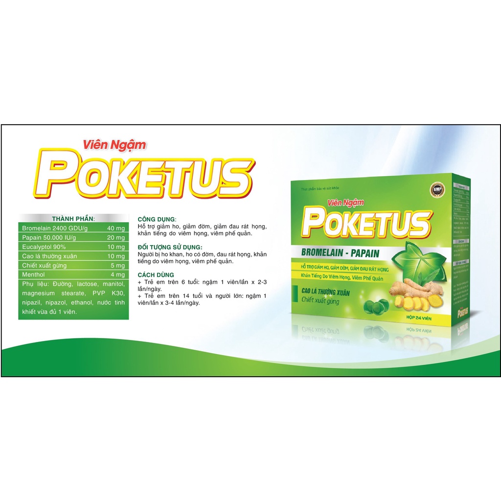 Viên ngậm Poketus hộp 24 viên giúp giảm ho, đau rát họng, khản tiếng hiệu quả
