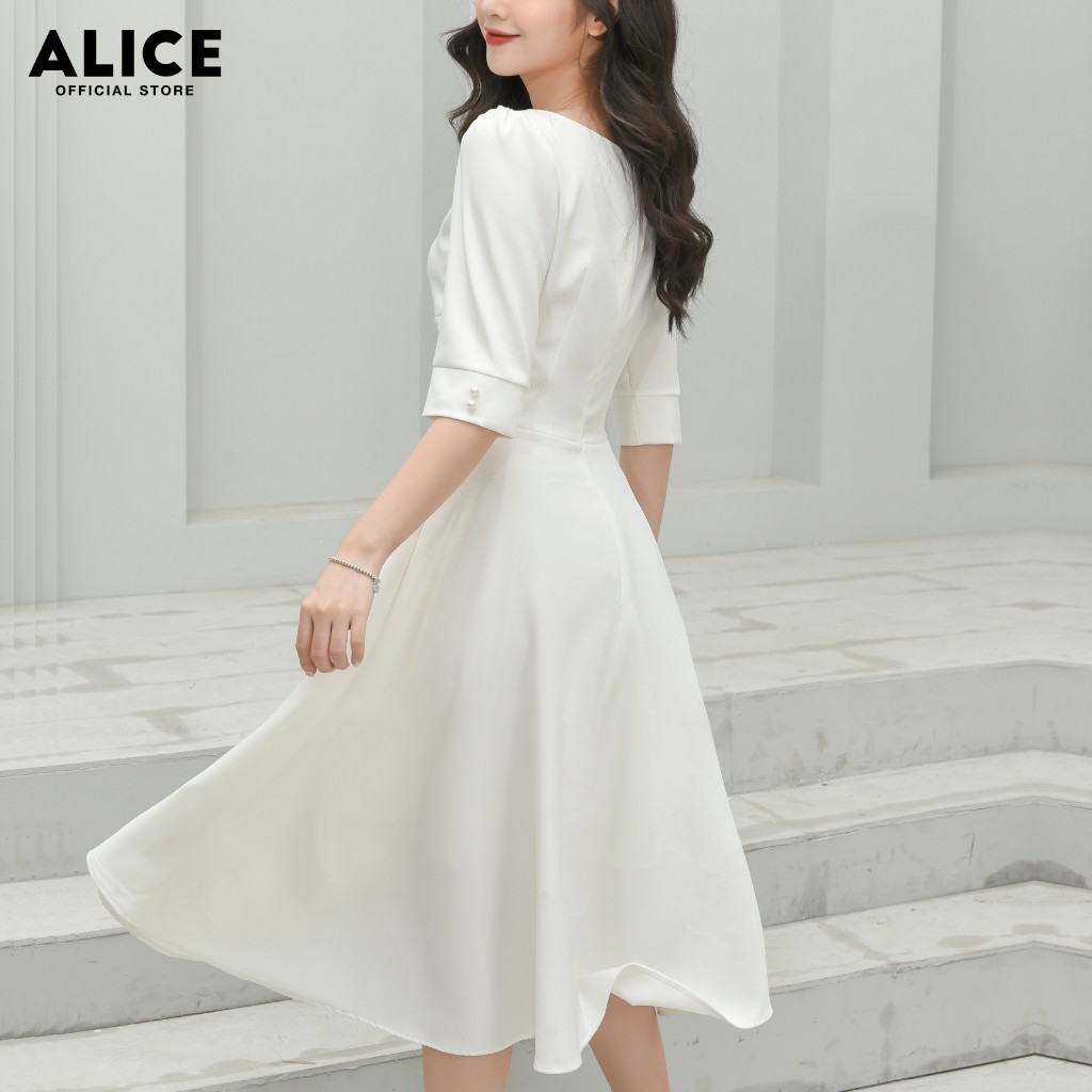 Váy Nữ Xếp Ly Cổ Vuông ALICE Thiết Kế Dáng Dài Xòe Tay Lỡ Thắt Eo Cho Nữ Đi Chơi, Đi Dự Tiệc V677