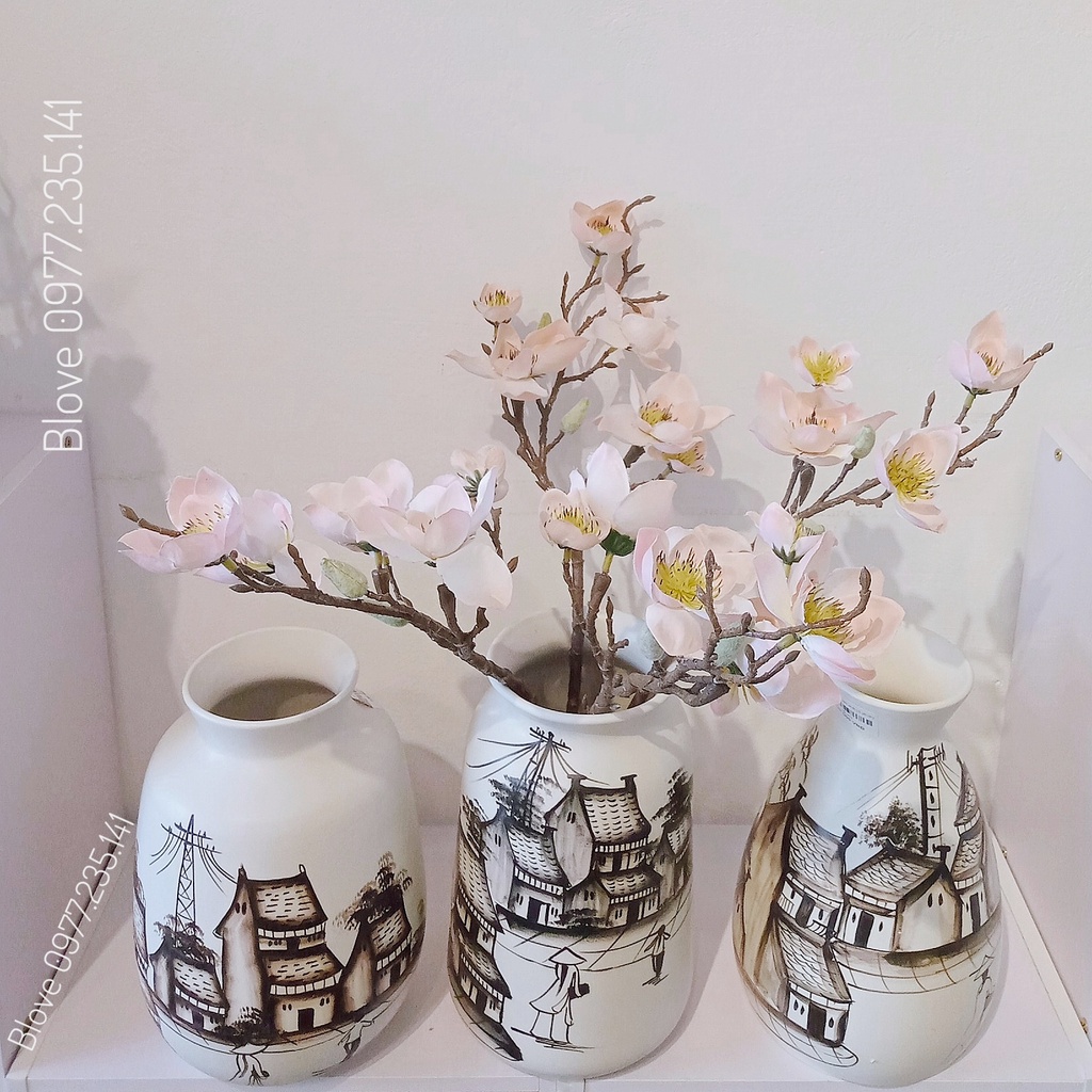 Quà tặng cao cấp,Bộ 3 bình hoa phố cổ,Gốm sứ bát tràng vẽ tay thủ công, Trang trí nhà cửa,decor cực xinh