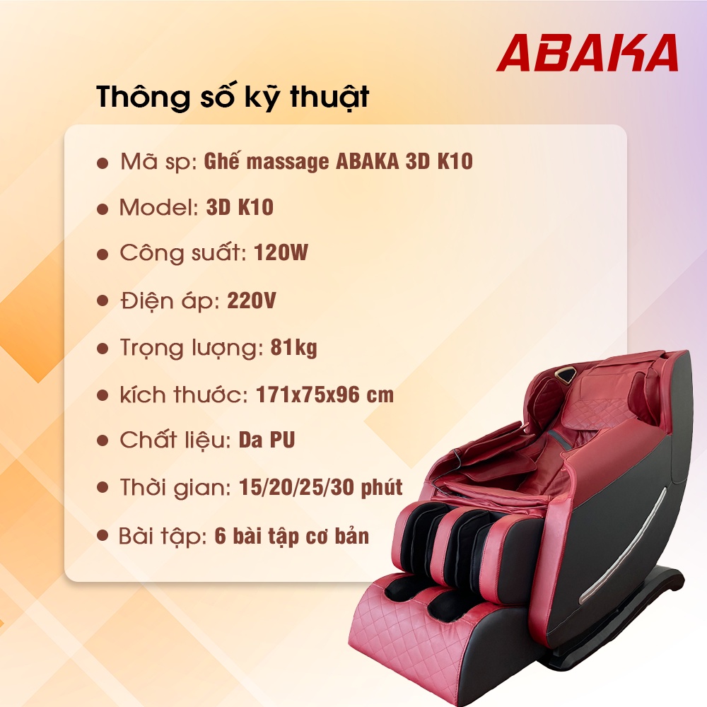Máy mát xa toàn thân Abaka K10 - Ghế massage có con lăn massage 3D di chuyển chạy dọc theo sống lưng từ cổ tới vùng mông