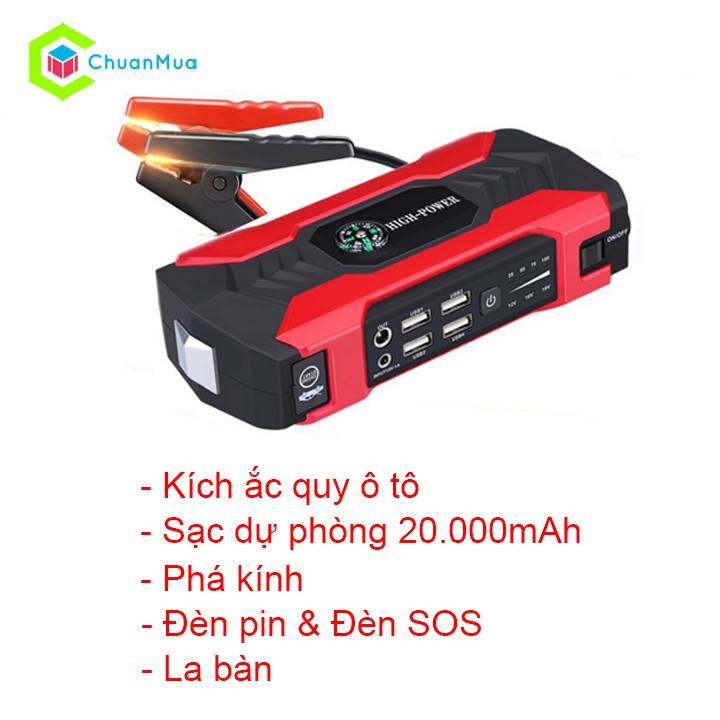 Bộ Nguồn Kích Nổ Ắc Quy Cho Ô tô 5 trong 1 (Kích ắc quy, sạc dự phòng 20.000mAh, phá kính, la bàn, đèn pin &amp; SOS)