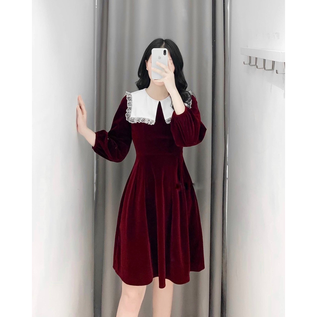 [Mã FAGREEN1505 giảm 10% tối đa 30K đơn 99K] Váy nhung cổ phối ren | BigBuy360 - bigbuy360.vn