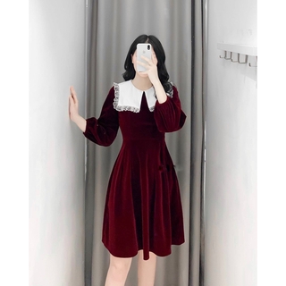 Váy nhung cổ phối ren