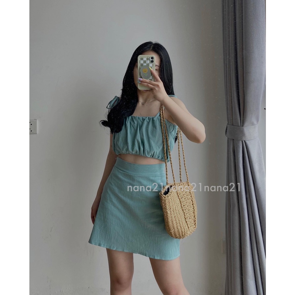 Set áo hai dây nơ và váy , Sét 2 dây thắt nơ sau kèm chân váy ngắn 3 màu  cicidream
